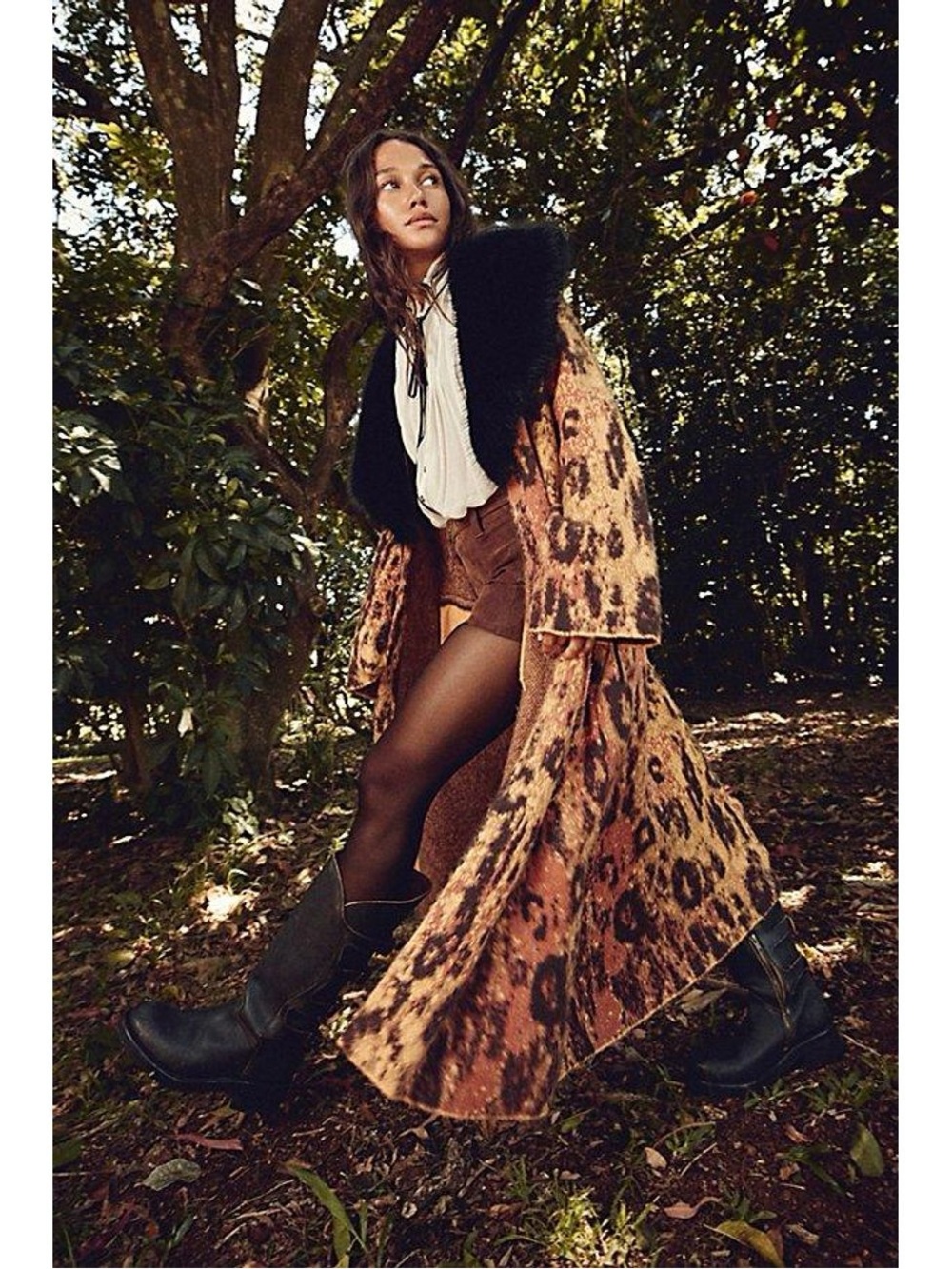 Free People Leopard Print Faux Fur Collar Long Coat in Brown and Black